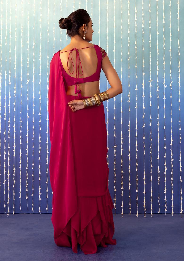 Magenta Pink Hand Work Pre Stitched Saree Set - Indya