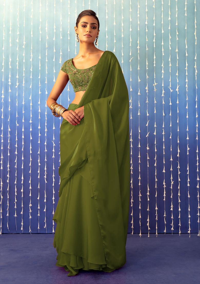 Olive Green Hand Work Pre Stitched Saree Set - Indya