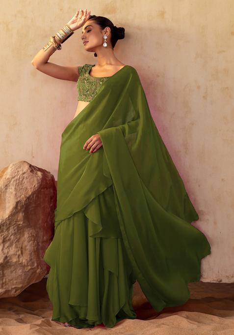 Olive Green Hand Work Pre Stitched Saree Set