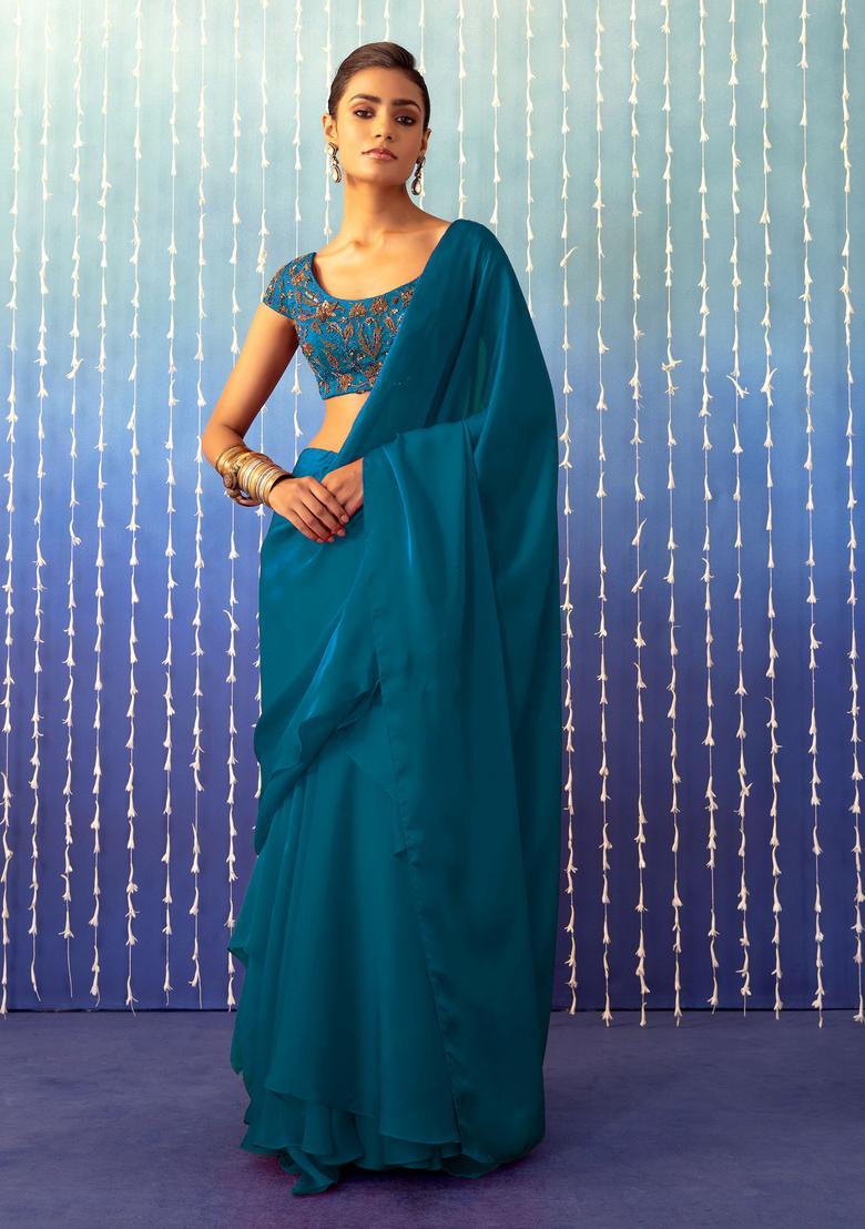 Peacock Blue Hand Work Pre Stitched Saree Set - Indya