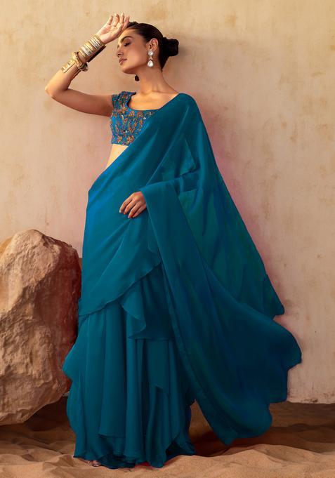 Peacock Blue Hand Work Pre Stitched Saree Set
