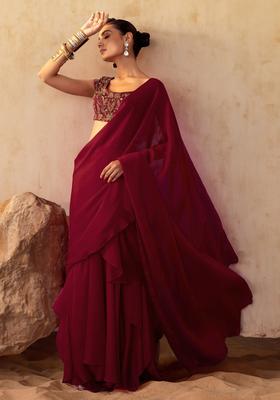 Blood Red Hand Work Pre Stitched Saree Set