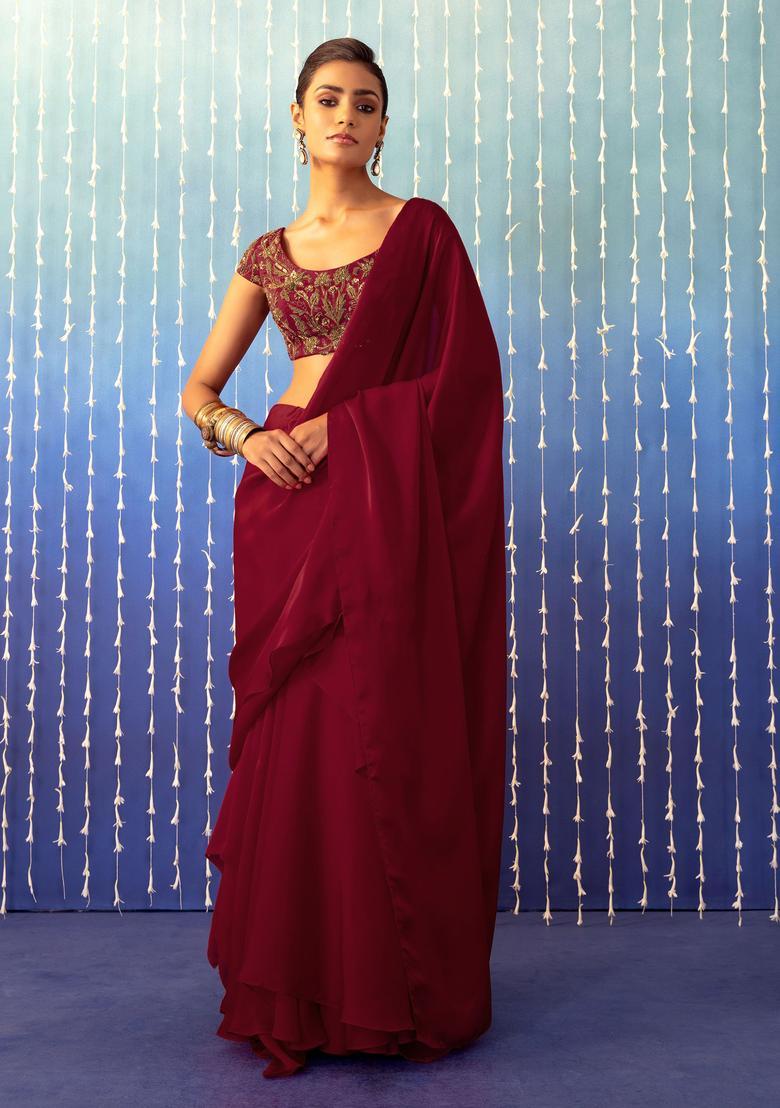 Blood Red Hand Work Pre Stitched Saree Set - Indya