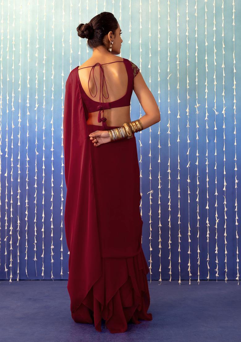 Blood Red Hand Work Pre Stitched Saree Set - Indya