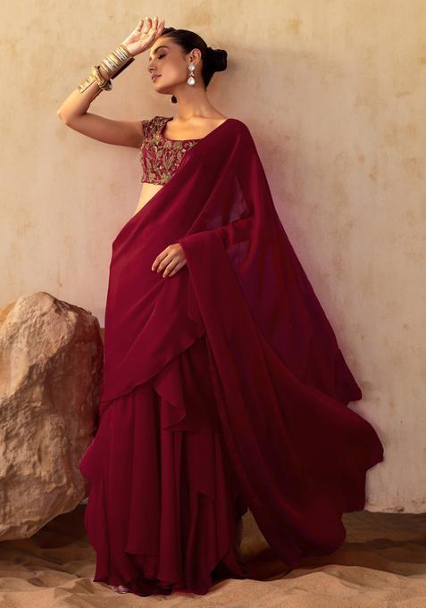 Blood Red Hand Work Pre Stitched Saree Set
