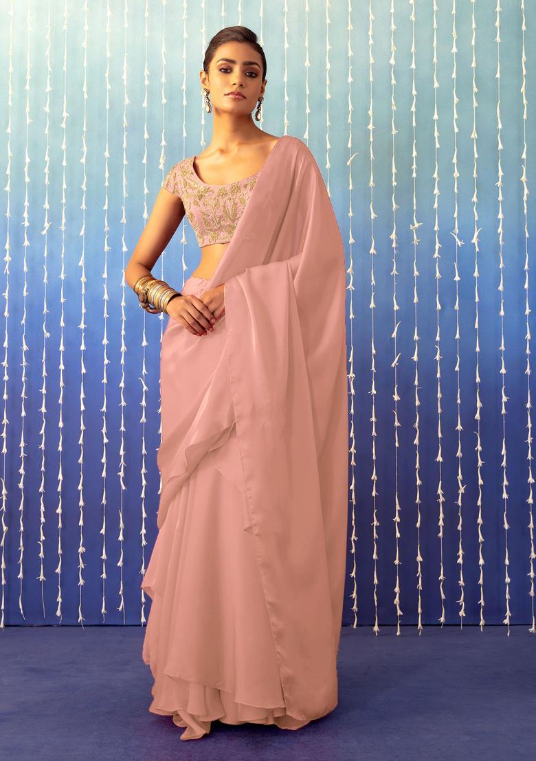 Peach Pink Hand Work Pre Stitched Saree Set - Indya