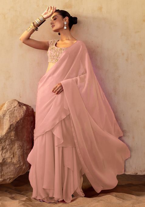Peach Pink Hand Work Pre Stitched Saree Set