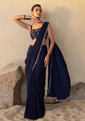 Indigo Blue Hand Work Pre Stitched Saree Set