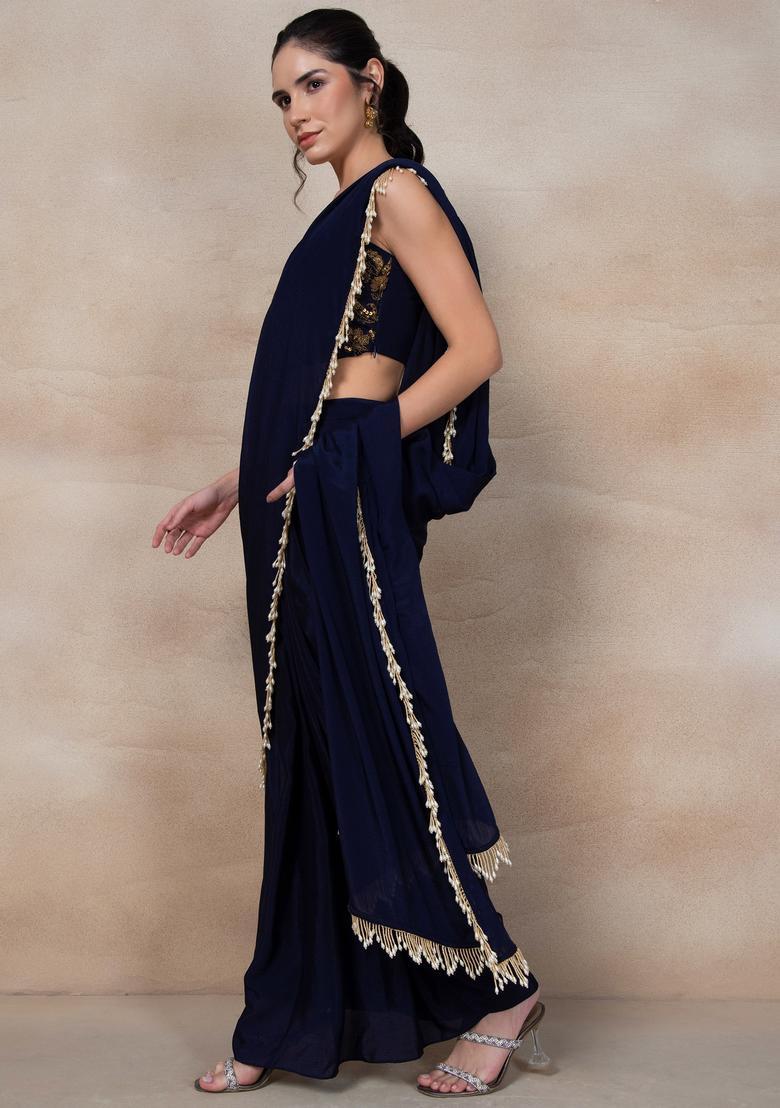 Indigo Blue Hand Work Pre Stitched Saree Set - Indya