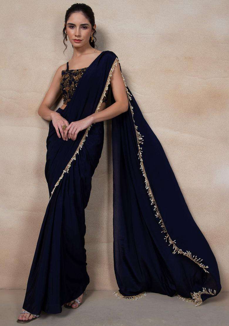 Indigo Blue Hand Work Pre Stitched Saree Set - Indya