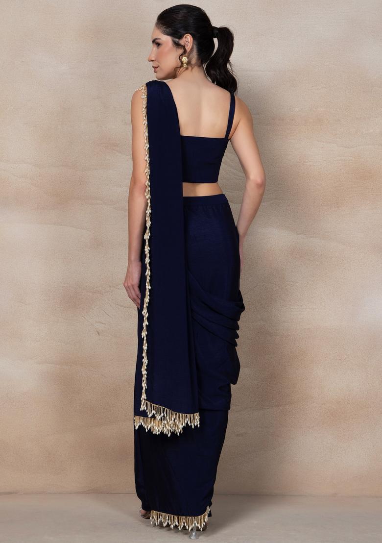 Indigo Blue Hand Work Pre Stitched Saree Set - Indya