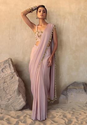 Lilac Hand Work Pre Stitched Saree Set