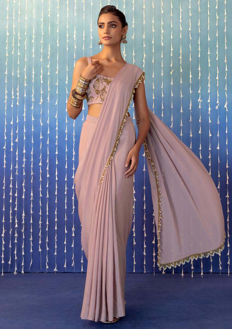 Lilac Hand Work Pre Stitched Saree Set - Indya