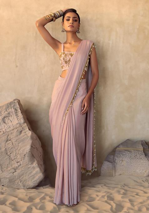 Lilac Hand Work Pre Stitched Saree Set