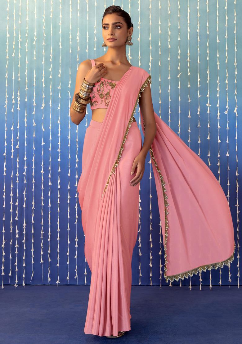 Light Pink Hand Work Pre Stitched Saree Set - Indya