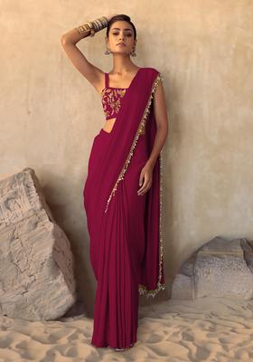 Magenta Pink Hand Work Pre Stitched Saree Set