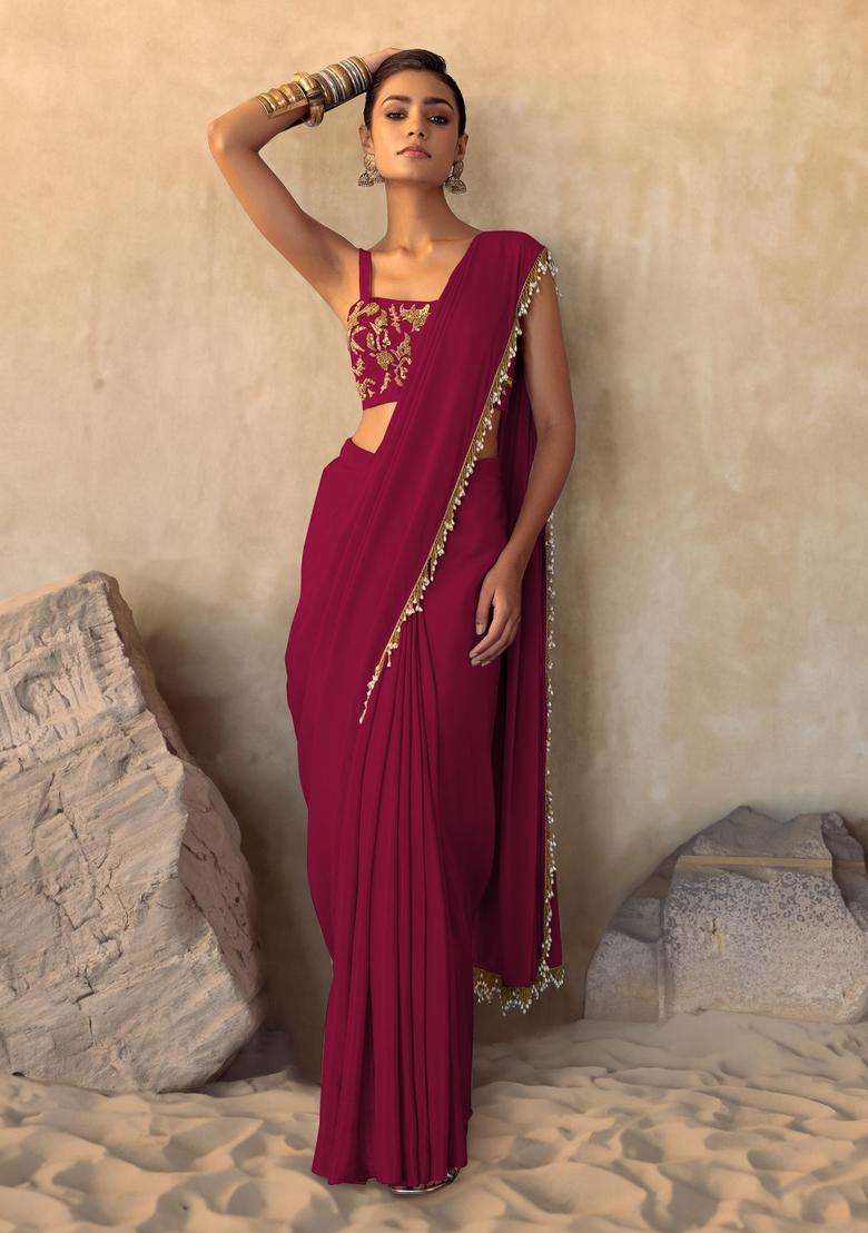 Magenta Pink Hand Work Pre Stitched Saree Set - Indya