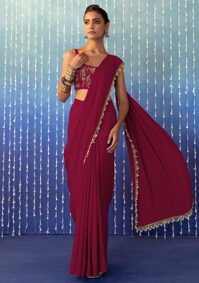 Magenta Pink Hand Work Pre Stitched Saree Set - Indya