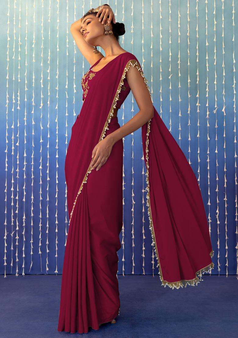 Magenta Pink Hand Work Pre Stitched Saree Set - Indya