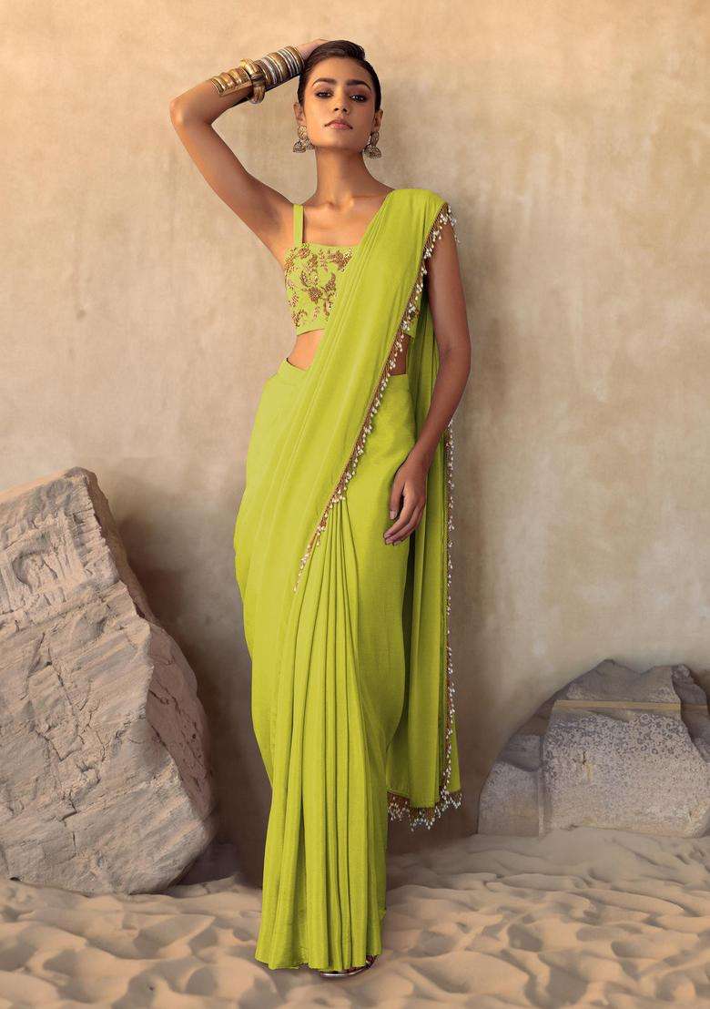 Lemon Yellow Hand Work Pre Stitched Saree Set - Indya