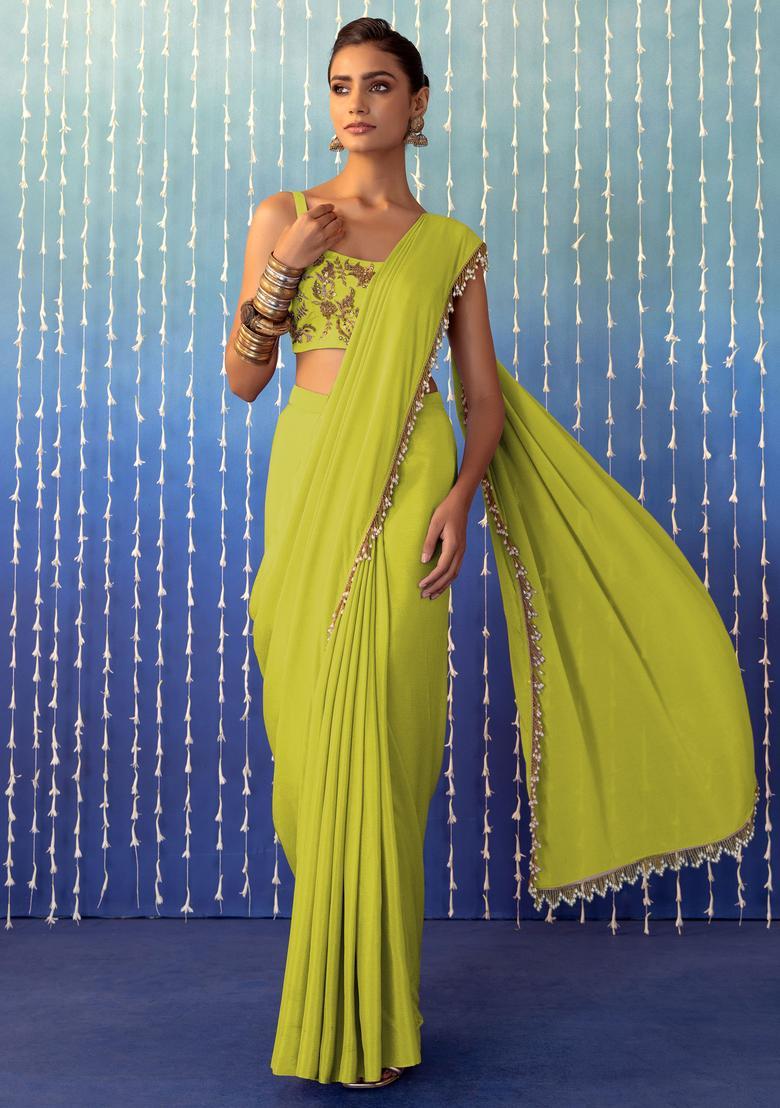 Lemon Yellow Hand Work Pre Stitched Saree Set - Indya