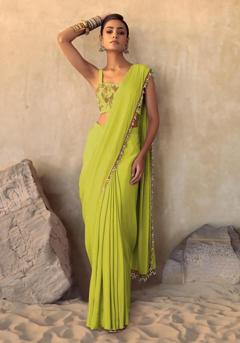 Lemon Yellow Hand Work Pre Stitched Saree Set