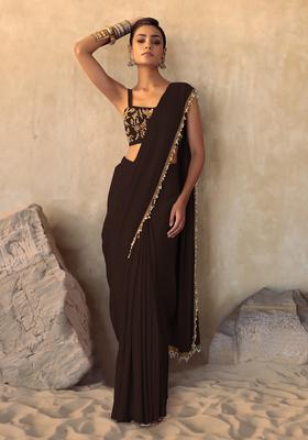 Brown Hand Work Pre Stitched Saree Set
