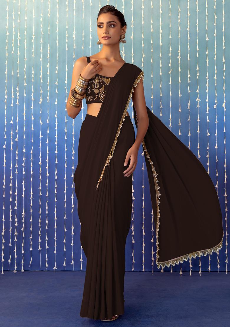 Brown Hand Work Pre Stitched Saree Set - Indya