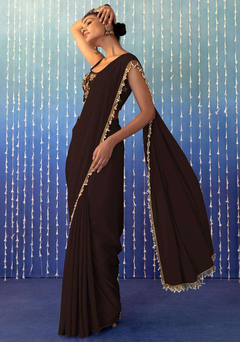 Brown Hand Work Pre Stitched Saree Set - Indya