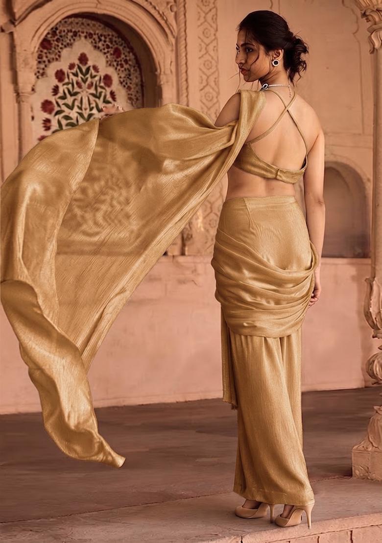 Gold Handwork Pre Draped Saree Set - Indya