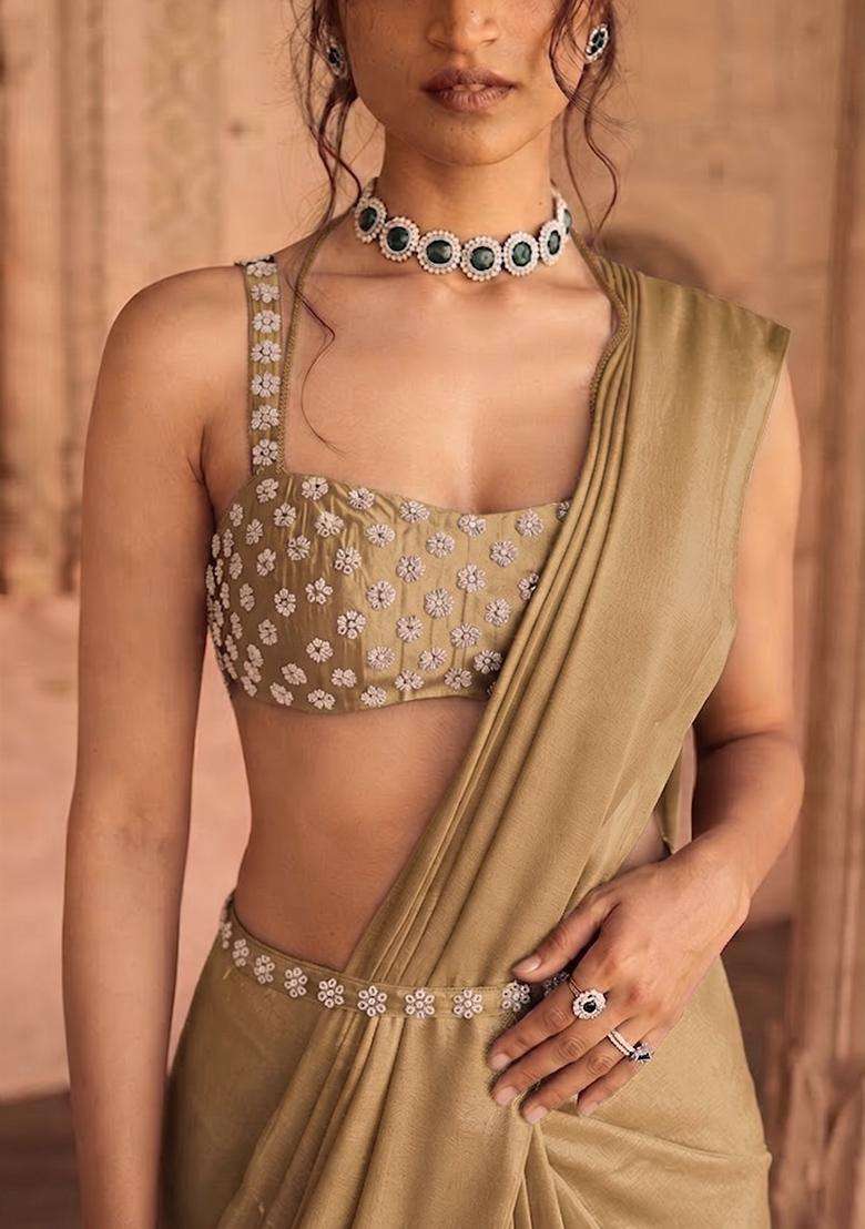 Gold Handwork Pre Draped Saree Set - Indya