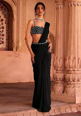 Black Handwork Pre Draped Saree Set