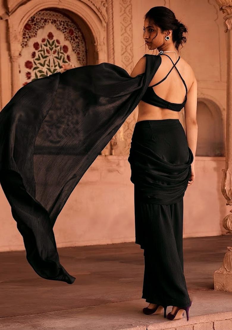 Black Handwork Pre Draped Saree Set - Indya
