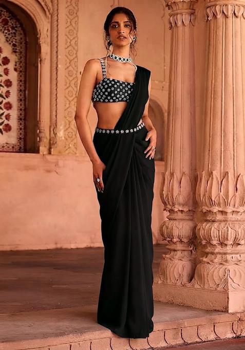 Black Handwork Pre Draped Saree Set
