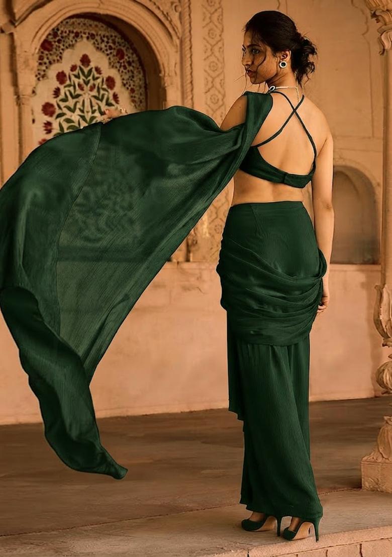 Dark Green Handwork Pre Draped Saree Set - Indya