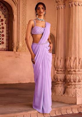 Lavender Handwork Pre Draped Saree Set