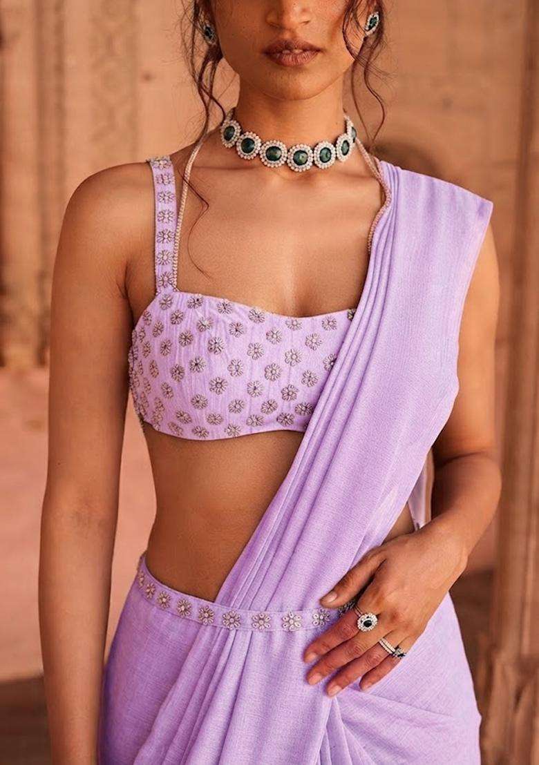 Lavender Handwork Pre Draped Saree Set - Indya