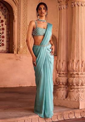 Ice Blue Handwork Pre Draped Saree Set