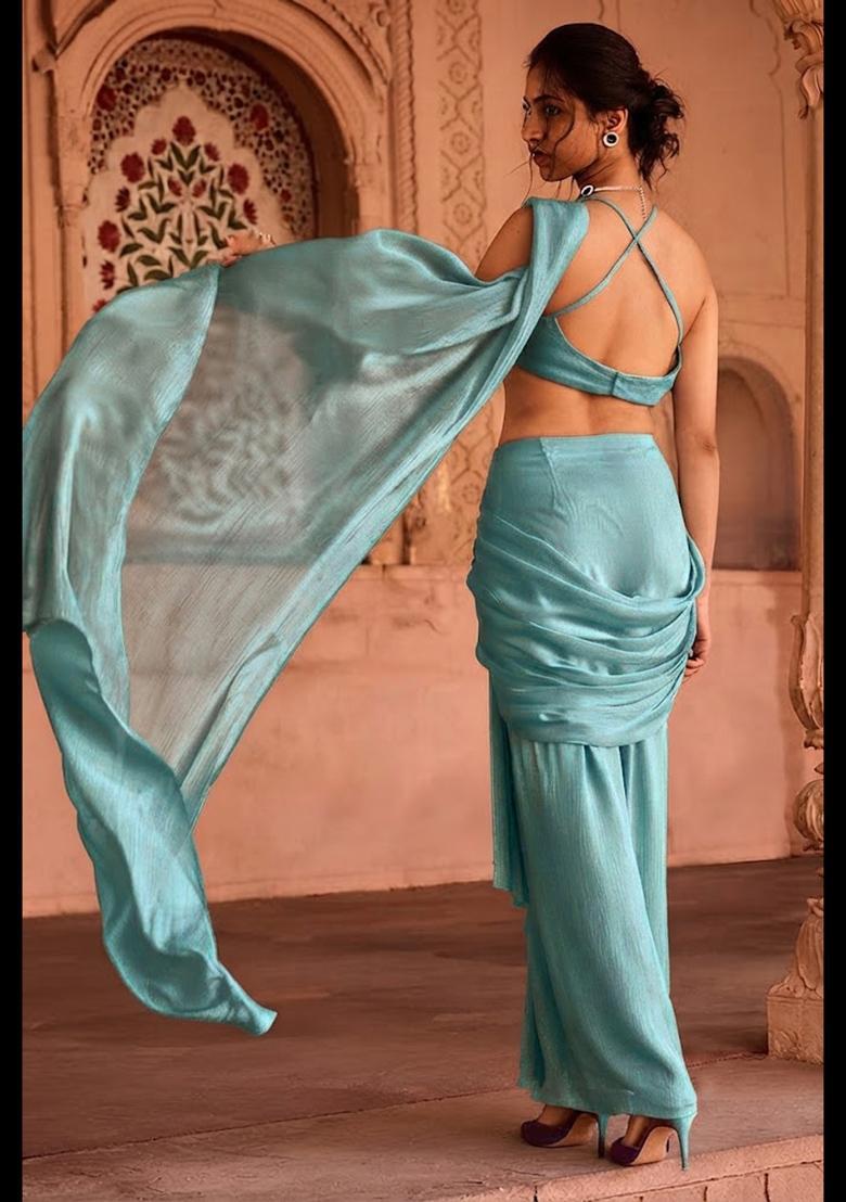 Ice Blue Handwork Pre Draped Saree Set - Indya
