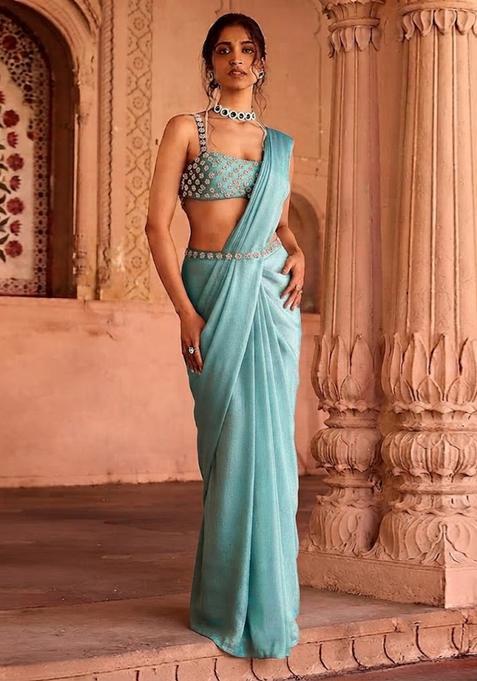 Ice Blue Handwork Pre Draped Saree Set