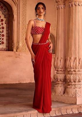 Bright Red Handwork Pre Draped Saree Set