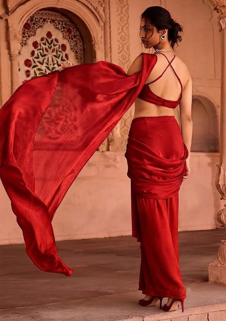 Bright Red Handwork Pre Draped Saree Set - Indya