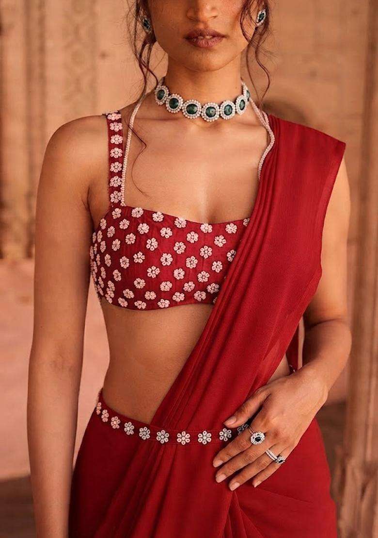 Bright Red Handwork Pre Draped Saree Set - Indya