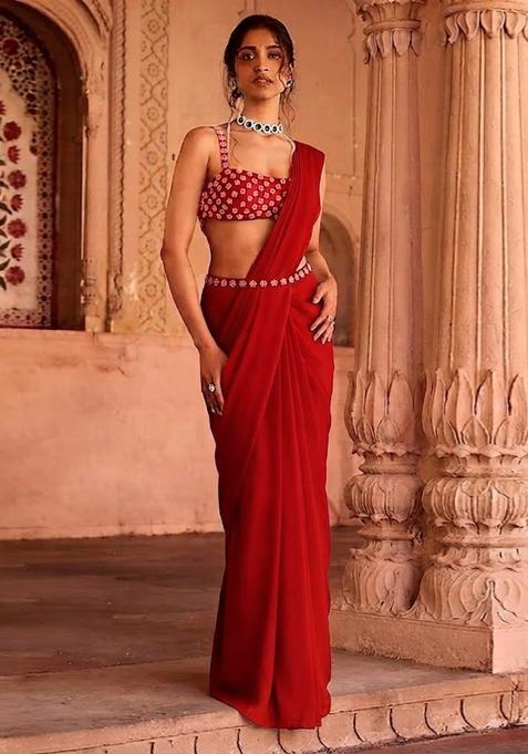 Bright Red Handwork Pre Draped Saree Set