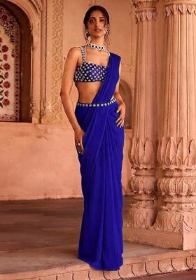Royal Blue Handwork Pre Draped Saree Set