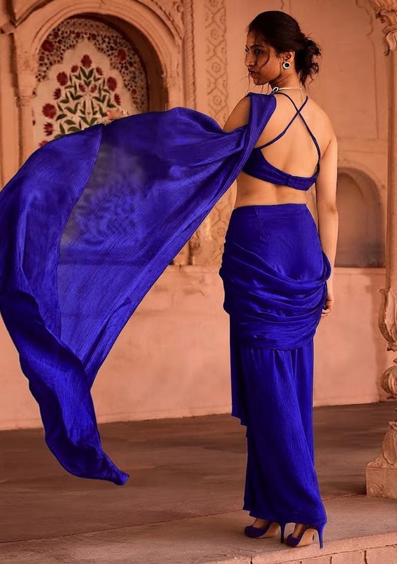 Royal Blue Handwork Pre Draped Saree Set - Indya
