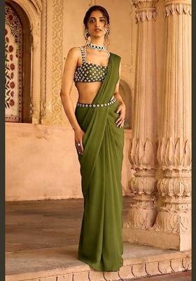 Olive Green Handwork Pre Draped Saree Set
