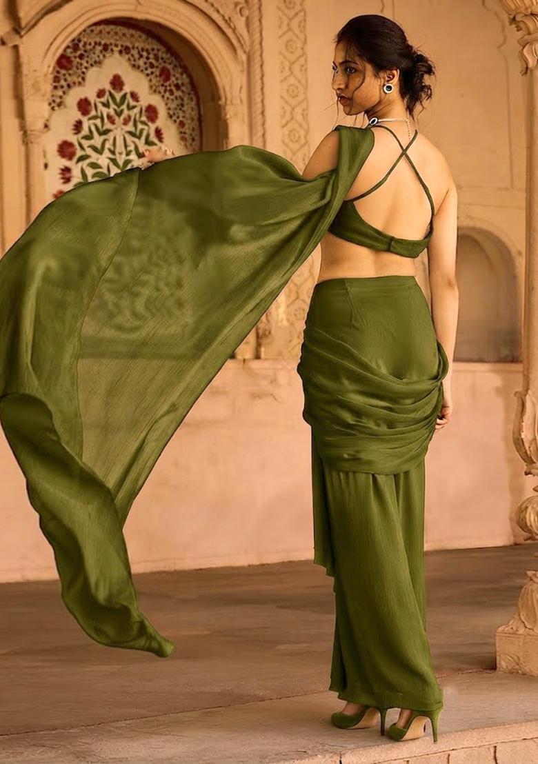 Olive Green Handwork Pre Draped Saree Set - Indya