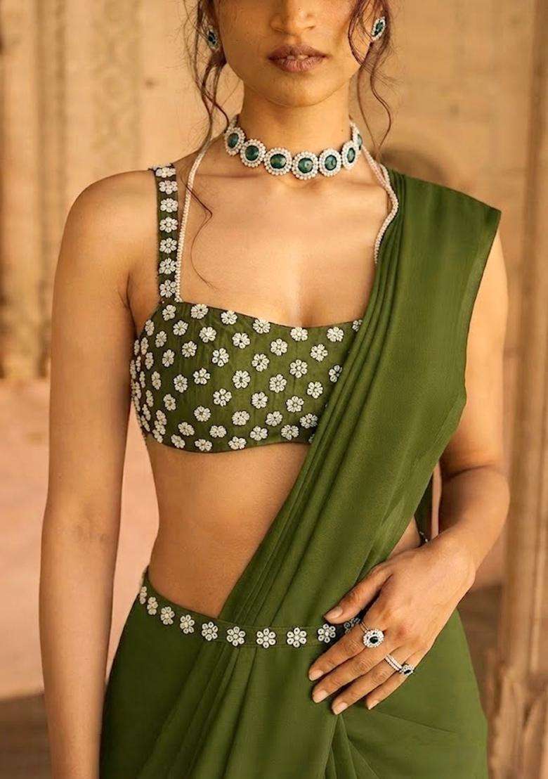 Olive Green Handwork Pre Draped Saree Set - Indya