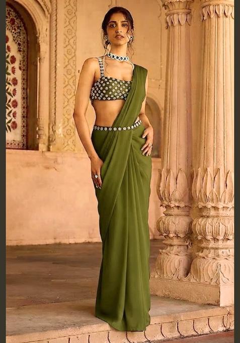Olive Green Handwork Pre Draped Saree Set